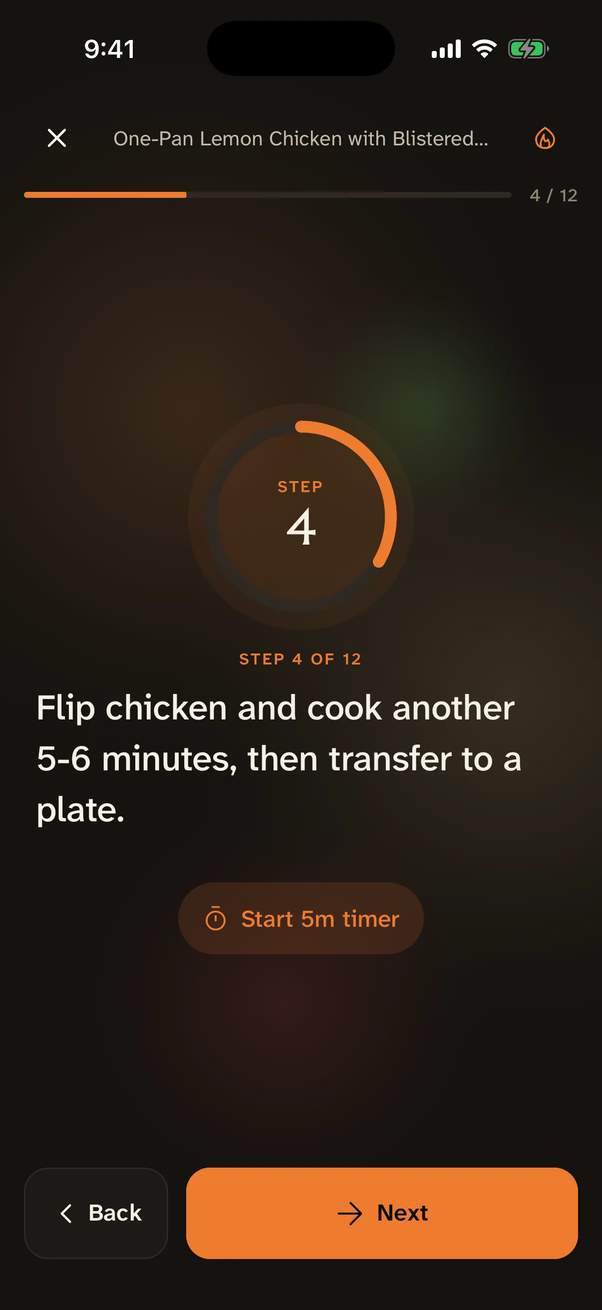 Mealkit cook mode showing a single step with a timer