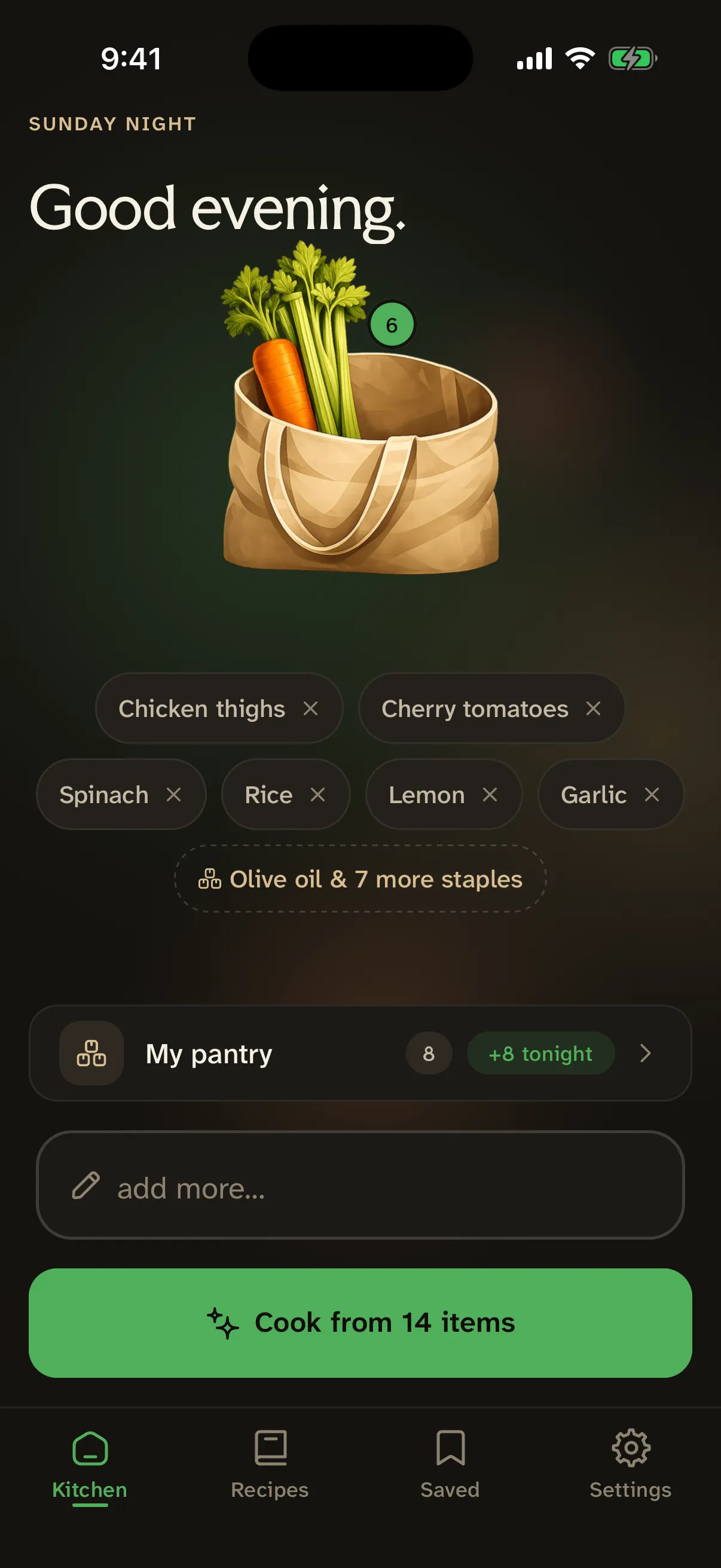 Mealkit kitchen screen filled with scanned ingredients