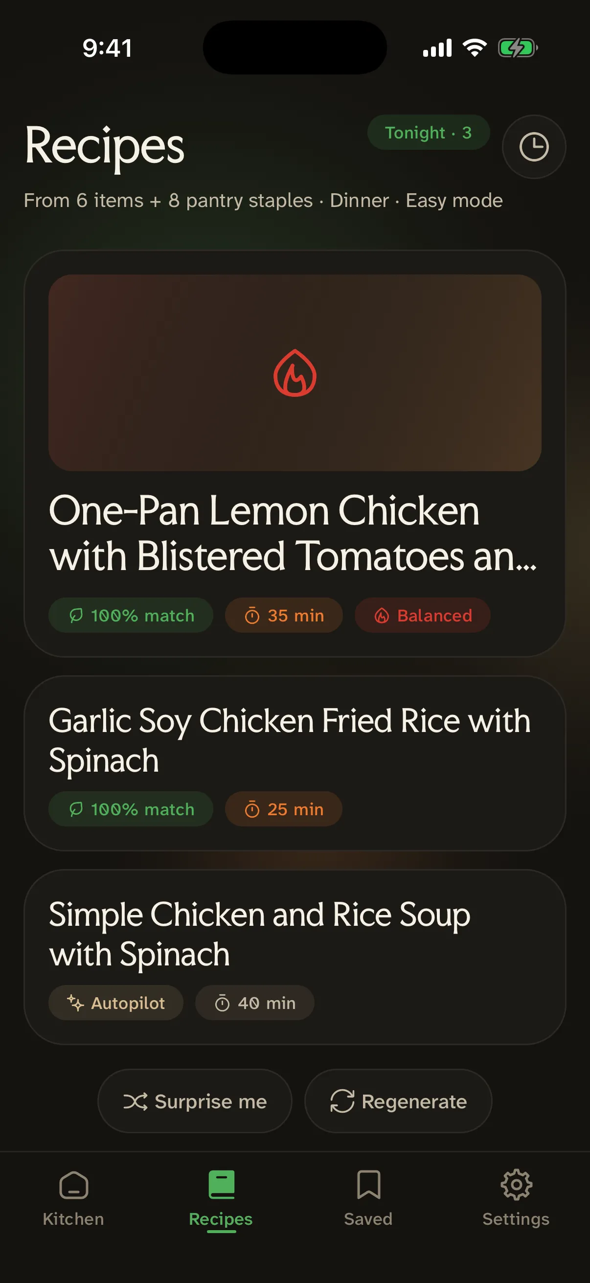 Mealkit recipe deck with three generated recipes