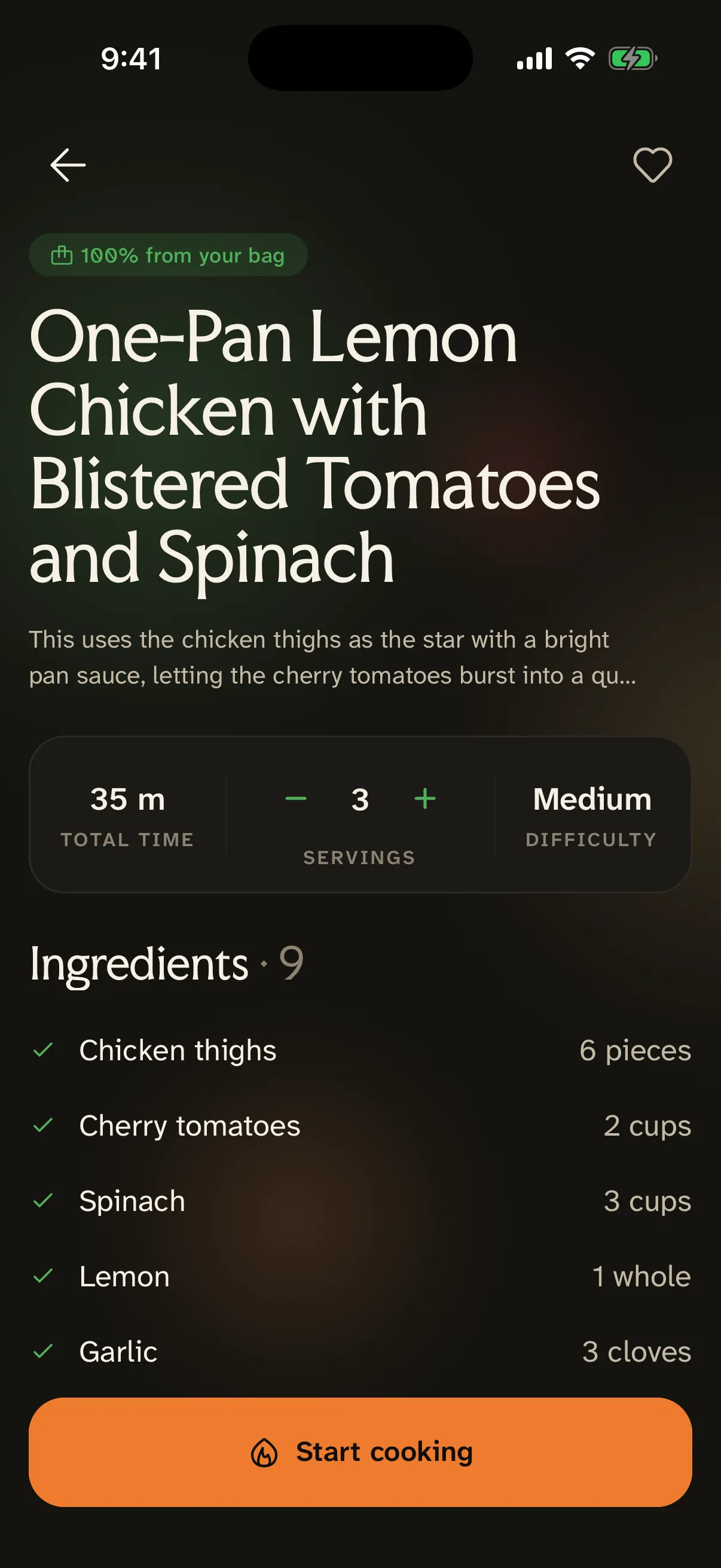 Mealkit recipe detail screen with Easy and Chef effort options