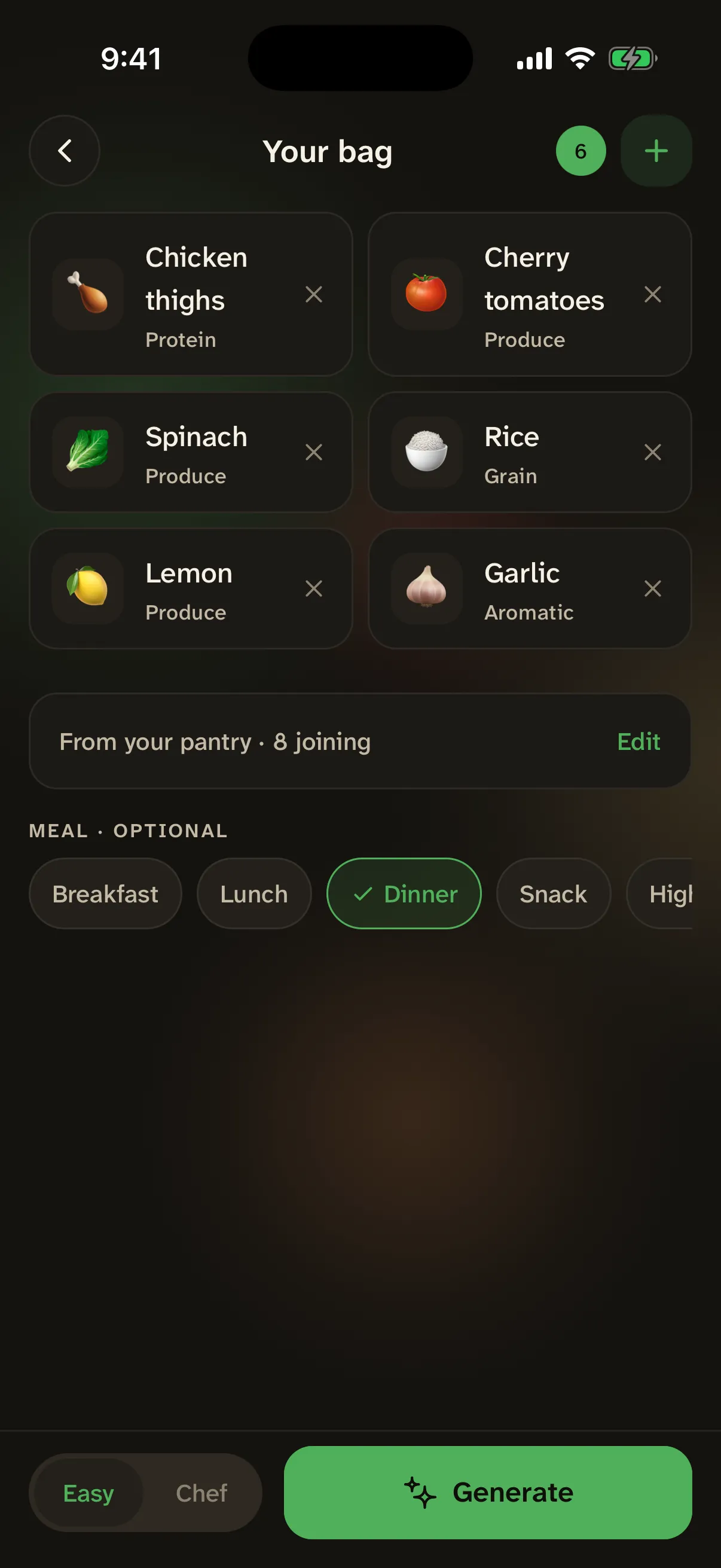 Mealkit scan review screen listing ingredients spotted in a fridge photo